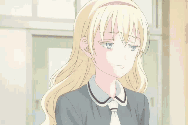 a girl with blonde hair and blue eyes is wearing a collared shirt and tie