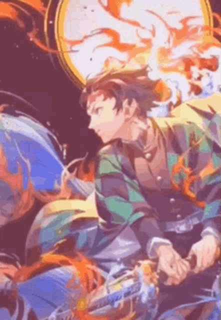 a close up of a person holding a sword in front of a fireball .
