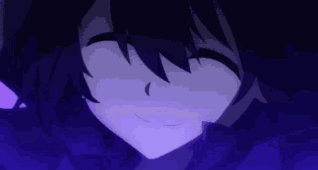 a close up of a person 's face with a purple background and glowing eyes