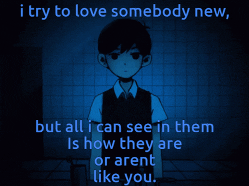 a cartoon of a boy with the words " i try to love somebody new "