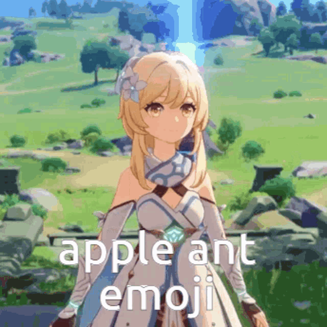 a girl from a video game with the words apple ant emoji on her face