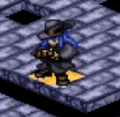 a pixel art character is standing on a brick floor holding a gun .