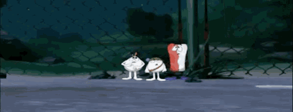 three cartoon characters are standing in front of a chain link fence at night