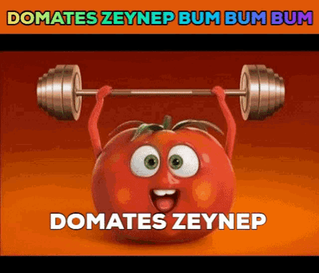 a cartoon tomato is lifting a barbell with the words " domates zeynep bum bum bum " above it