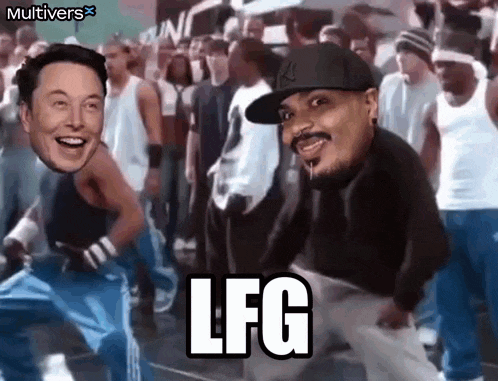 two men are dancing in front of a crowd and the word lfg is on the screen