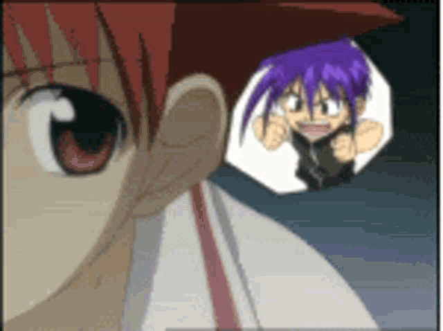 a cartoon character with red hair and purple hair is standing next to another character with purple hair
