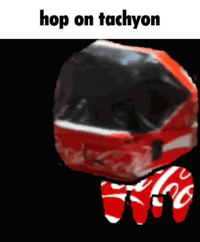 a red and black object with the words hop on tachyon written above it