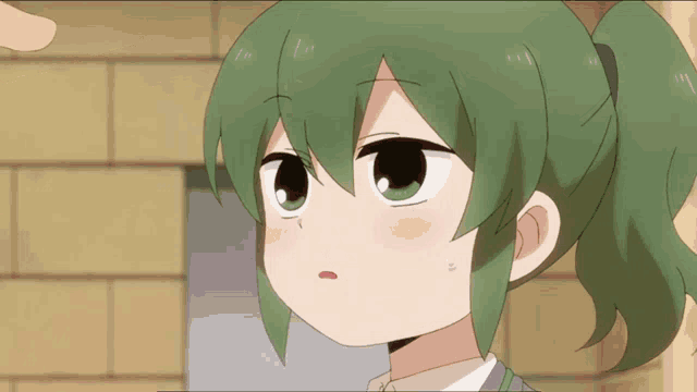 a cartoon girl with green hair and a ponytail has a surprised look on her face