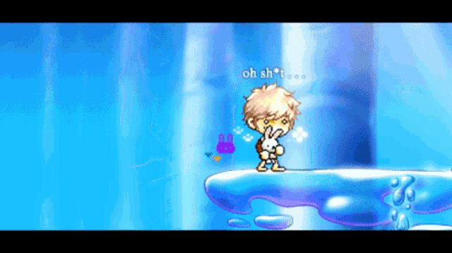 a cartoon character is standing on a cliff with a rabbit and says oh sh