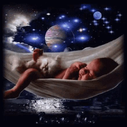 a baby is sleeping in a hammock with a teddy bear in the background .