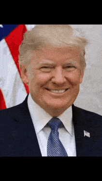 donald trump is wearing a suit and tie and smiling for the camera .