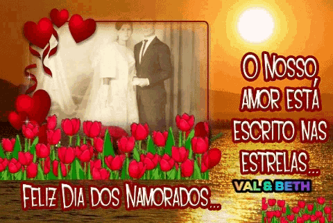 a picture of a bride and groom with the words feliz dia dos namorados on it