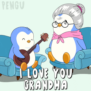 a penguin playing a guitar next to an older penguin with the words i love you grandma