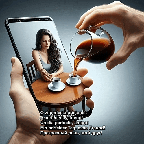 a hand holding a phone with a picture of a woman sitting at a table pouring coffee into two cups