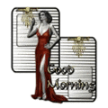 a woman in a red dress is standing in front of a mirror and a sign that says good morning .