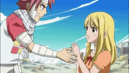 a boy and a girl are holding hands in a fairy tail anime