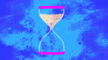 an hourglass with a blue background and a pink rim