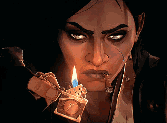 a woman lighting a lighter with a letter f on it