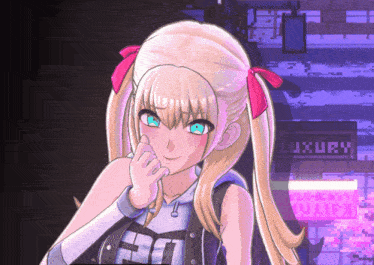 a blonde anime girl is standing in front of a luxury sign