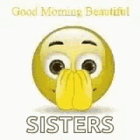 a smiley face with a heart in its mouth and the words `` good morning beautiful sisters '' written below it .