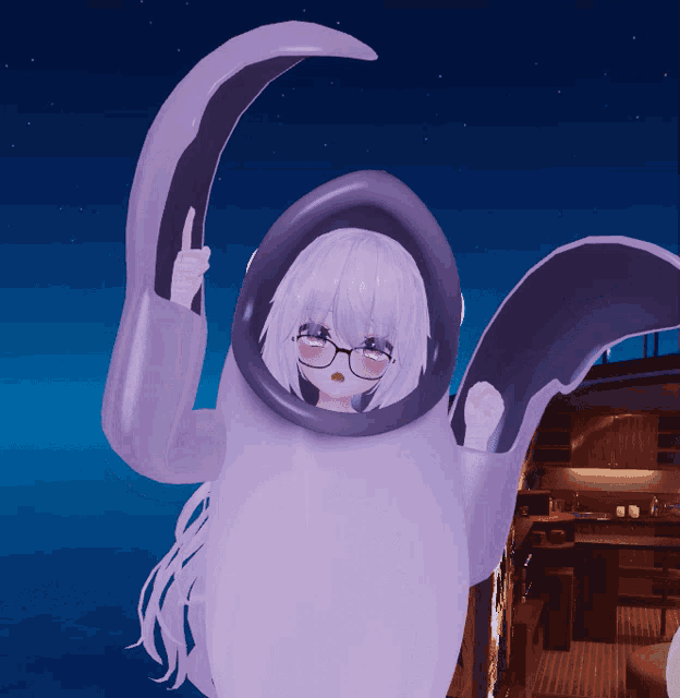 a girl in a dolphin costume giving the peace sign