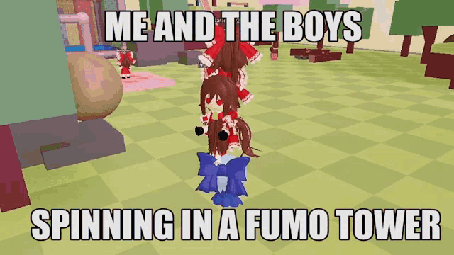 a picture of a girl spinning in a fumo tower with the caption me and the boys spinning in a fumo tower