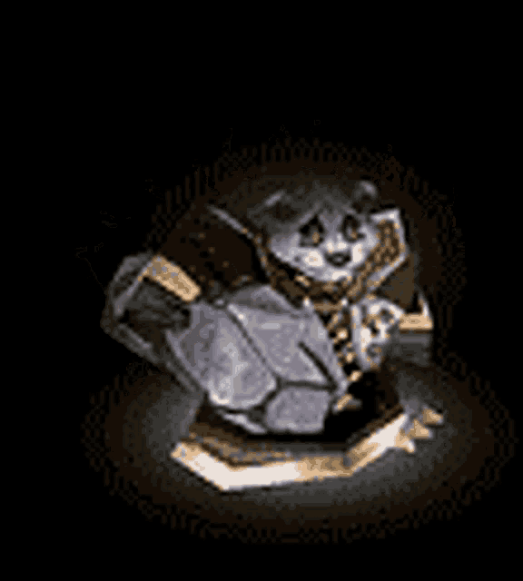 a pixel art of a panda bear holding a sphere in his hands .