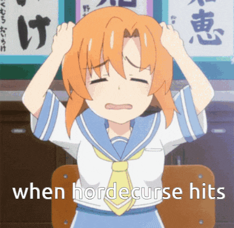 a girl in a school uniform is holding her head with the words " when horde curse hits " above her