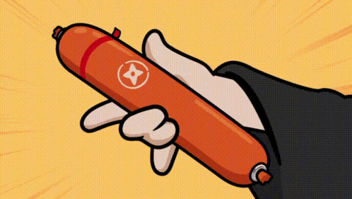 a cartoon hand is holding an orange sausage with a star on it