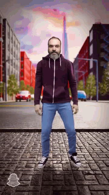 a man with a beard is standing on a brick sidewalk in front of a city