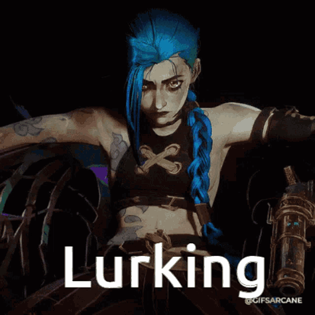 a woman with blue hair is holding a gun and the word lurking is on the bottom