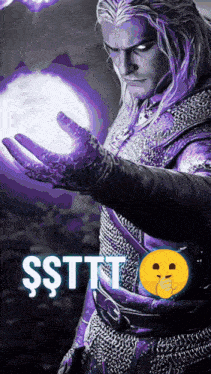 a man in a purple armor is holding a purple ball in his hand with the words sstttt written below him