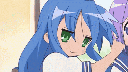 a cartoon girl with blue hair and green eyes is standing next to another girl .