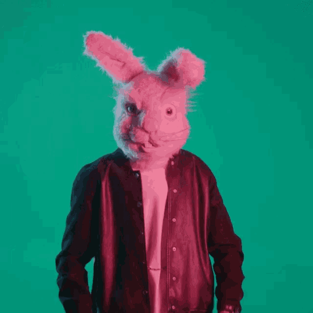a man wearing a bunny mask and a leather jacket