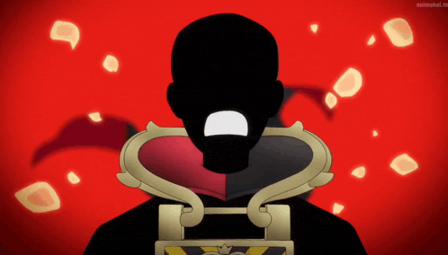 a silhouette of a man with a red and black cape holding a treasure chest