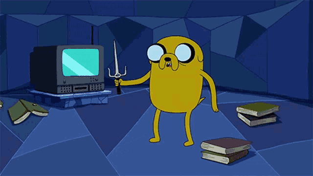 a cartoon character is holding a sword in his mouth