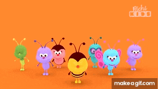 a group of cartoon insects are standing in a row on an orange background ..