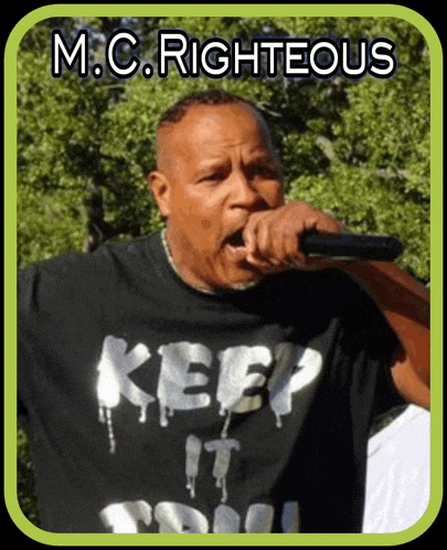 a man singing into a microphone with the name m.c. righteous above him