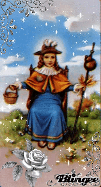 a painting of a child holding a cane and a basket with the word blingee on the bottom right