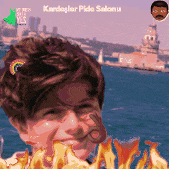 a pixelated image of a boy with a ring in his nose and the words kardesler pide salonu above him