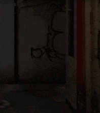 a person in a black jacket and plaid pants is running in a dark room
