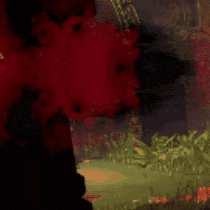 a painting of a bear in a forest with red flowers