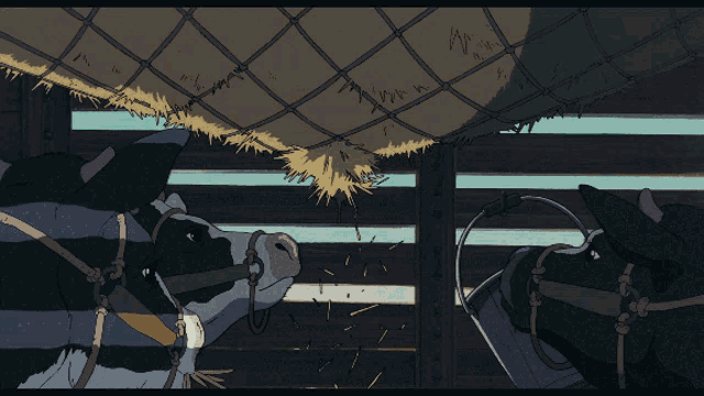 a cartoon drawing of two cows in a pen