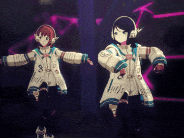 two anime characters are standing next to each other and one has the number 8 on her chest