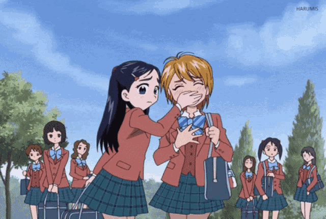 a group of girls in school uniforms are standing in front of a blue sky with the word harumi on the bottom right