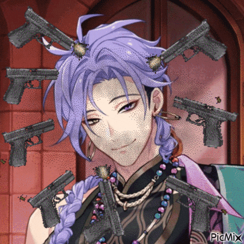a man with purple hair is surrounded by guns and bees