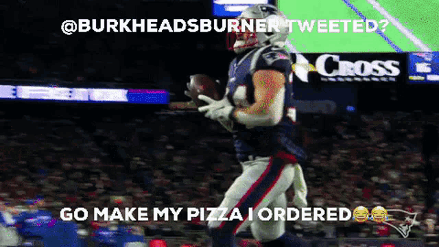 a blurred image of a football player with the words go make my pizza i ordered below him