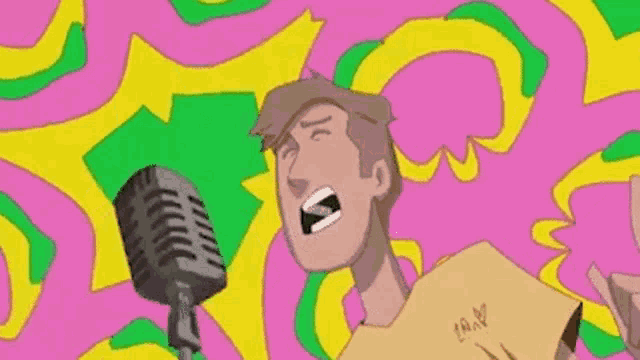 a cartoon of a man singing into a microphone with a pink and green background .