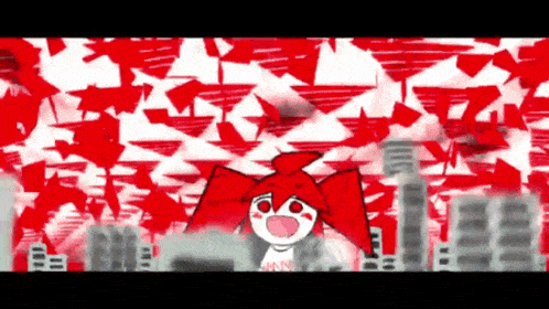a cartoon character with red hair is standing in front of a red and white background with buildings .