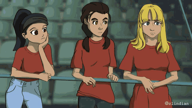 three girls in red shirts are standing next to each other in a cartoon
